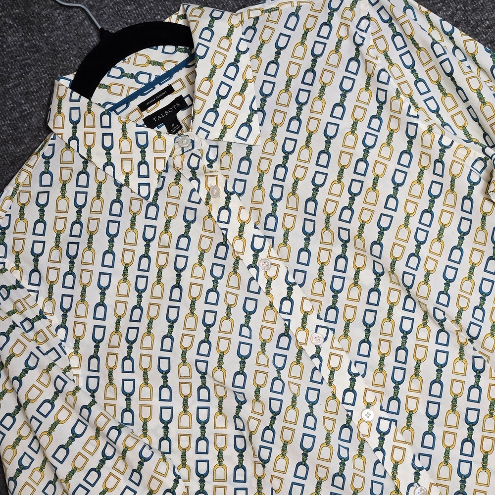 Talbots Women Size 8 Blue Orange Chain Print Button Down Top Blouse Long Sleeve